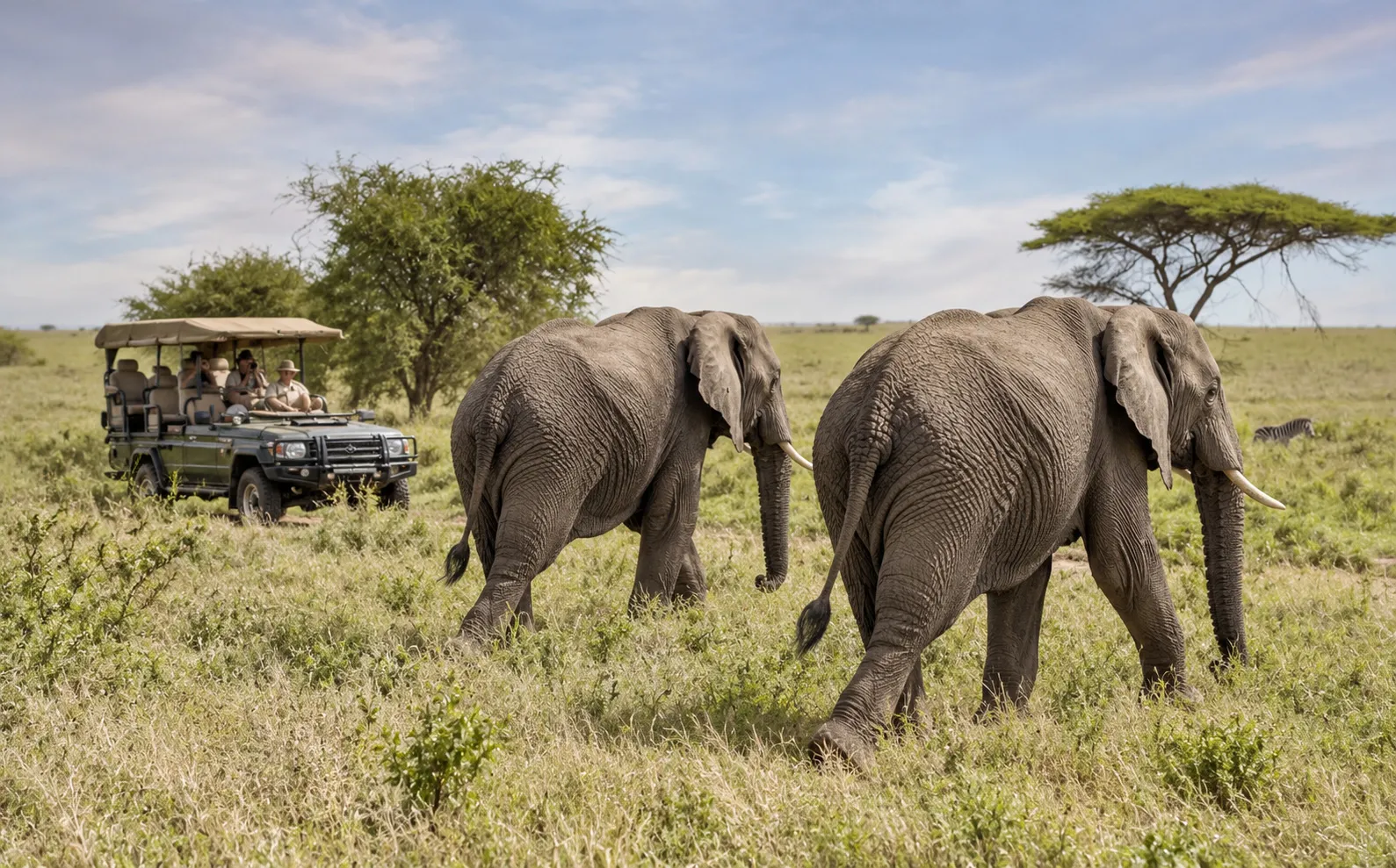 Zwei Elefanten vor einem Safarifahrzeug im Tarangire-Nationalpark