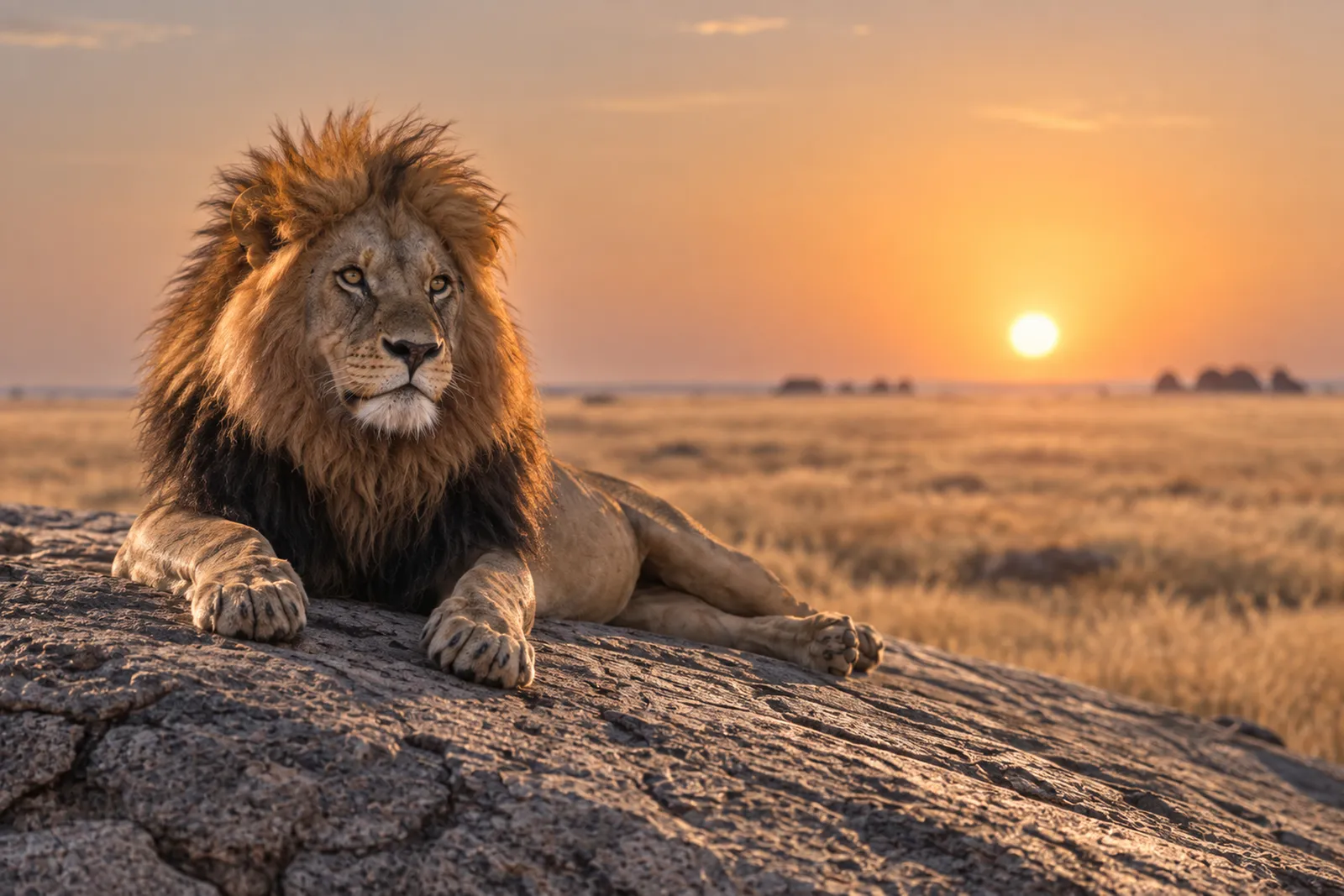 Löwe auf einem Felsen bei Sonnenuntergang in der Serengeti