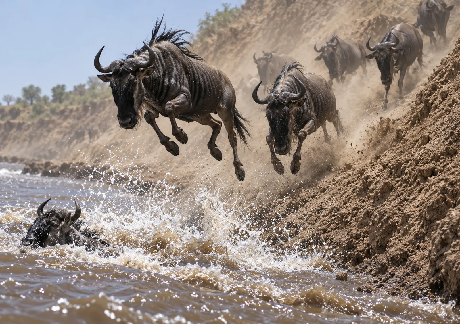 Gnus springen vom Steilufer in den Mara-Fluss