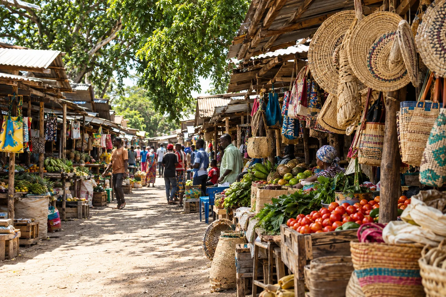 Marktgasse mit Körben und Strohhüten in Mto wa Mbu