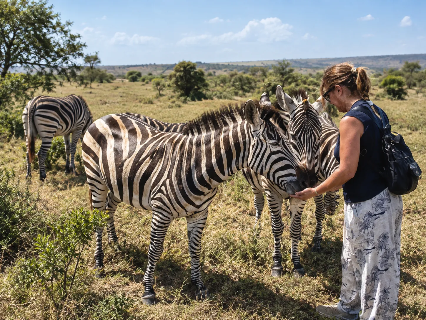 Besucherin streichelt Zebras im Serval Wildlife Park